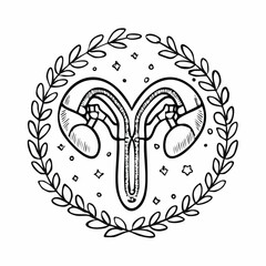Fototapeta premium Drawn Ovaries and Uterus Symbol with Laurel Wreath and Stars Hand Sketch