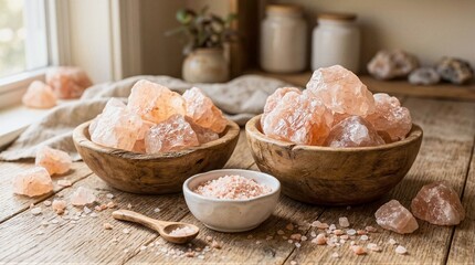 Fototapeta premium Pink Himalayan salt crystals displayed in rustic wooden bowls on weathered wood surface