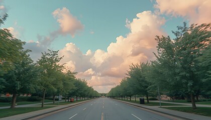 Fototapeta premium Calm and peaceful empty tree lined avenue under soft pastel clouds with clear blue sky perfect for nature scenic background and outdoor relaxation