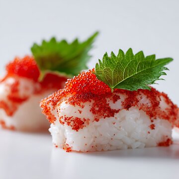 Close-up of ebi nigiri sushi with bright tobiko topping, garnished with shiso leaf, clean white background