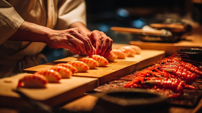 Sushi chef shaping fresh ebi nigiri sushi at wooden counter, vibrant shrimp in background