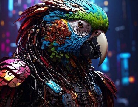 Vibrant Cybernetic Parrot Posing in Neon Futuristic Cityscape