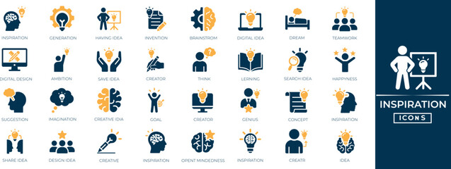 Inspiration solid icon set for brain brainstorm cognition dream innovation idea. Brain, brainstorm, and cognition Vector creativity symbols for app ui web design. © SokretiRani