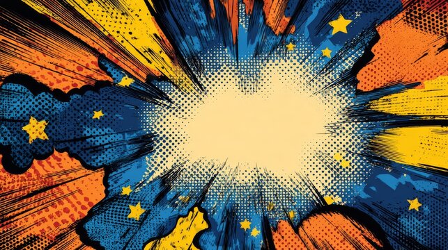 Colorful Comic Book Style Explosion with Stars and Halftone Effect