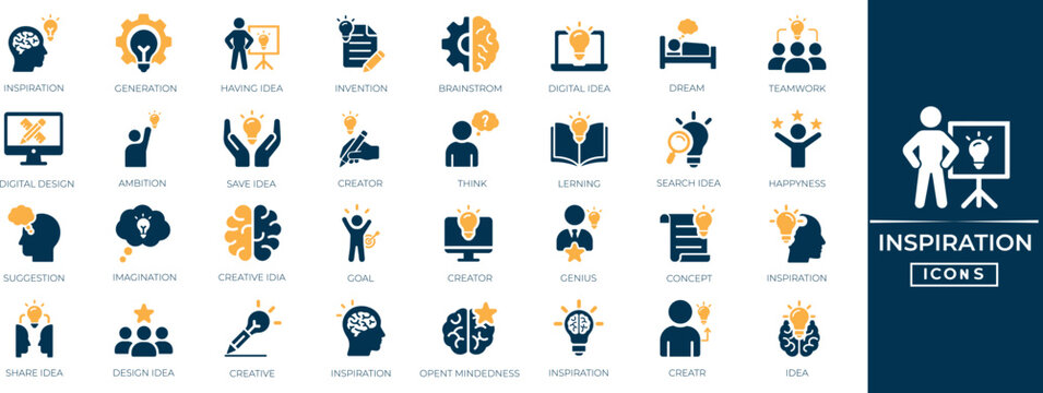 Inspiration solid icon set for brain brainstorm cognition dream innovation idea. Brain, brainstorm, and cognition Vector creativity symbols for app ui web design.