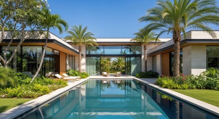 Fototapeta premium Luxury Real Estate: Modern Tropical House with Infinity Pool and Lush Landscaping - Architectural Photography