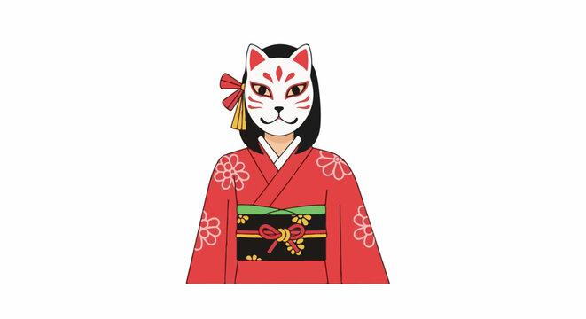 Person in traditional Japanese kimono with fox mask and floral design