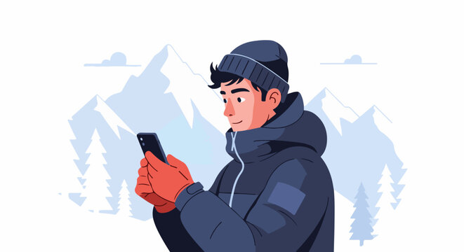Person in winter gear uses smartphone with snowy mountains background