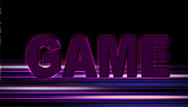 Colourful purple neon glowing game text effect overlay background. 3d Typhography graphics design for banner, poster, flyer, card.