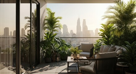 Fototapeta premium Photo-realistic Real Estate: Modern City Apartment Balcony Terrace with Lush Plants and Panoramic Urban Skyline View