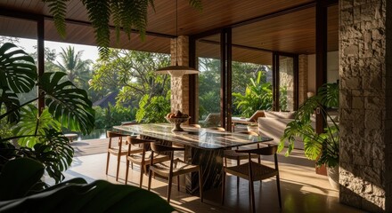 Fototapeta premium Photo-realistic Interior Design: Modern Tropical Dining Room in Luxury Villa with Lush Garden View and Pool.