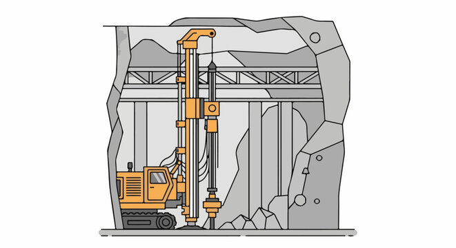 Mining drill rig in a rock excavation with structural supports overhead