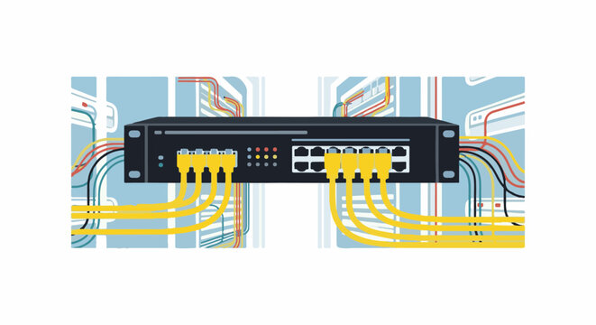 Network switch with many cables connected to ports