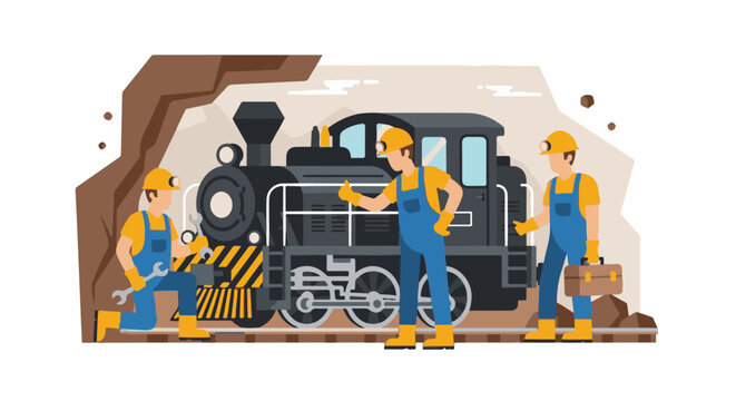 Miners in safety gear repair a steam train in a rocky excavation area