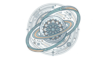 Intricate Mandala Planet with Rings and Cosmic Elements. © Brodin