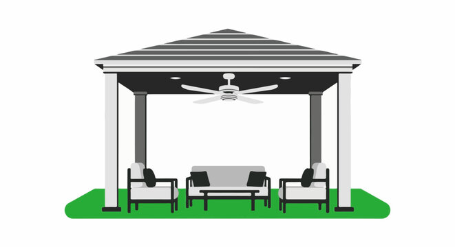 Minimalist gazebo with seating and ceiling fan on grass