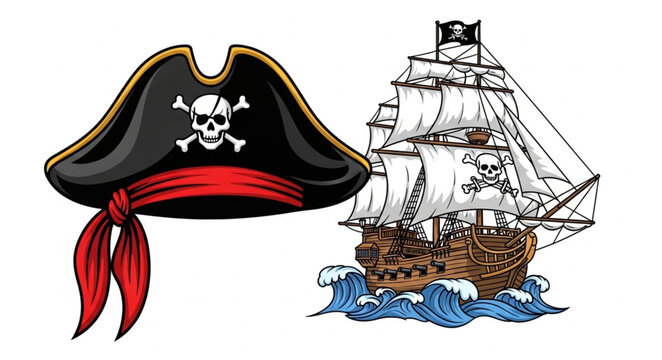 Pirate Hat and Sailing Ship Illustration.