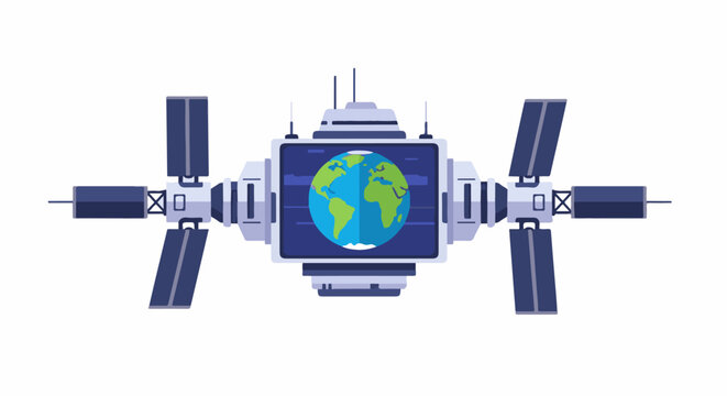 Sci-fi satellite with Earth displayed on its screen, solar panels extended