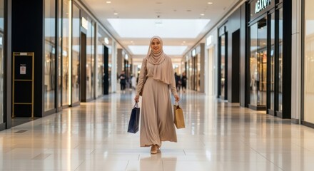 Fototapeta premium Young Muslim Woman in Hijab Shopping at Modern Mall, Carrying Bags - Lifestyle Retail Photography