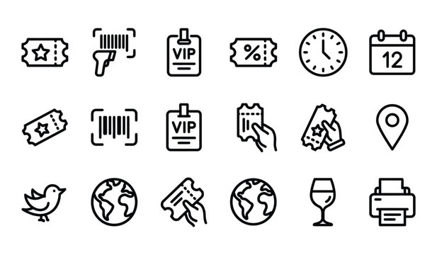 Event Ticket Barcode VIP Pass Line Icons Set Isolated on White