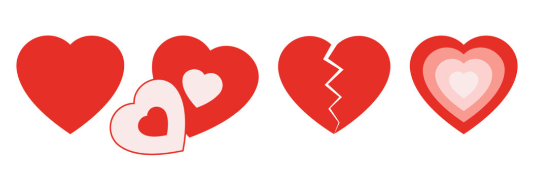 Red Broken Heart and Flat Love Hearts Vector Illustration Set Minimalist Valentine Elements Collection Isolated on White Background