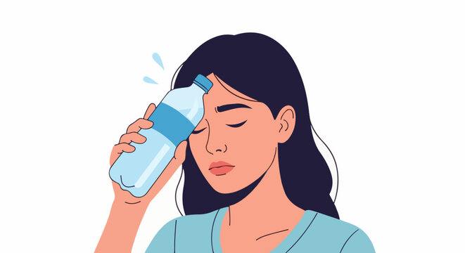 Person cooling forehead with cold water bottle
