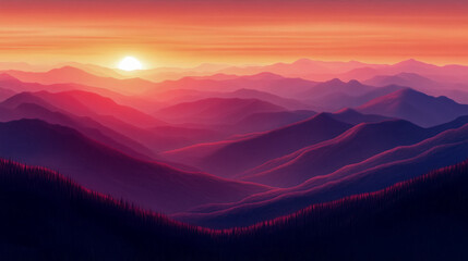 Obraz premium Breathtaking panoramic view of majestic mountain ranges silhouetted against vibrant golden and purple sunset sky in beautiful artistic digital landscape illustration