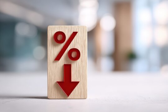 Percentage symbol next to red arrow pointing down. 3d percent sign on office background. Seasonal sale, discount. Rate for finance, return. Investment ROI. Financial concept. Falling interest rates