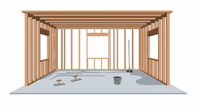 Interior of a building under construction with wooden framing and concrete floor