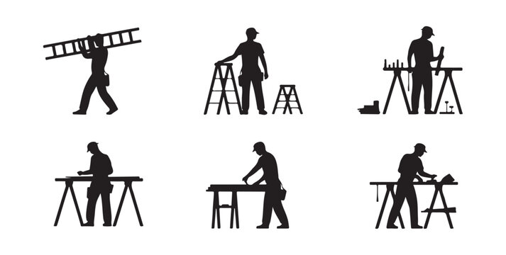 Silhouette icons of carpenters and handymen working at workbenches and using ladders.