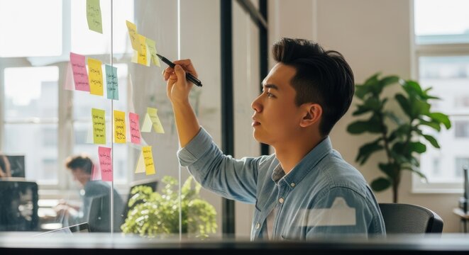 Young Asian Man Writing on Sticky Notes on Glass Wall in Modern Office
