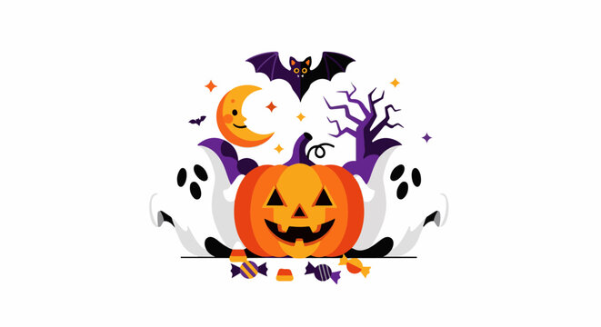 Festive Halloween scene with smiling pumpkin, ghosts, bat, crescent moon, and candy