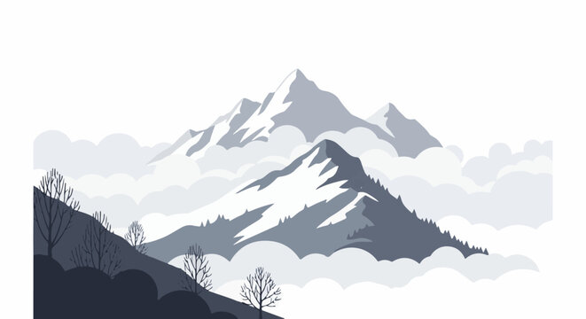 Minimalist mountain range peeking through soft clouds with bare trees