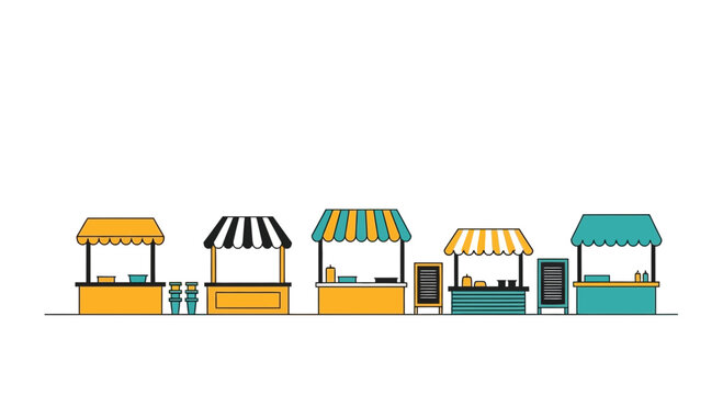 Market Stalls, Booths, Kiosks, Shops - Flat Design, Line Art Illustration