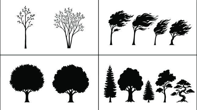WebTree silhouette collection with windswept canopies, coniferous evergreens, rounded crowns, bonsai forms, and abstract artistic designs