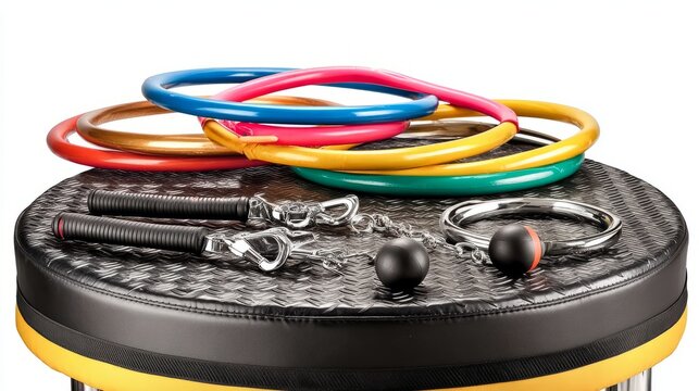 Colorful Training Equipment Arranged on Circular Elevated Stand for Fitness