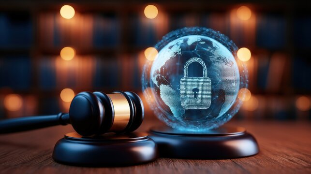Gavel and digital globe with padlock representing international cybersecurity law