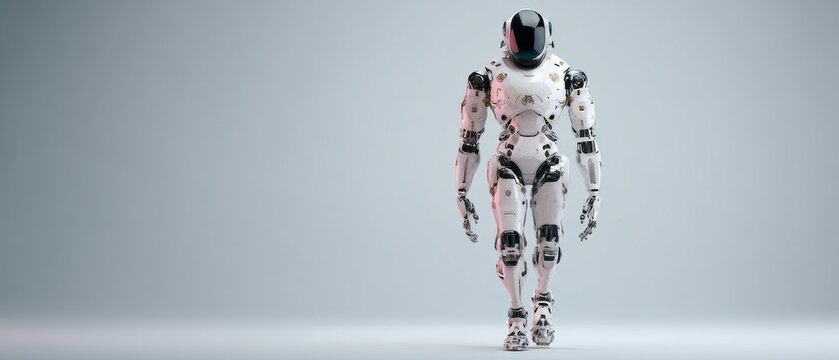 Futuristic humanoid robot walking in minimalist space