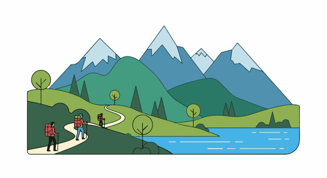 Hikers traverse a scenic mountain path alongside a lake