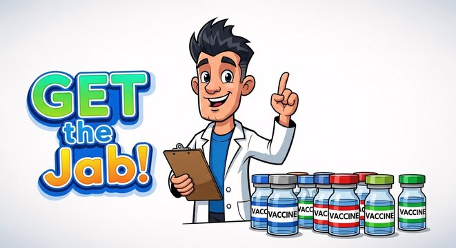 Cartoon doctor with vaccine vials and clipboard saying get the jab on white background