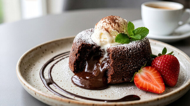 Delicious molten chocolate lava cake oozing warm syrup, topped with melting vanilla ice cream and fresh strawberries. Perfect for decadent dessert menus, sweet indulgences, and food photography concep