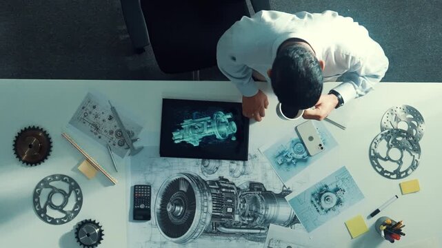 Top down aerial view of engineer hold tablet while learning about engine. Aerial view of skilled project manager looking at tablet while sitting at table with engine and drinking coffee. Alimentation.