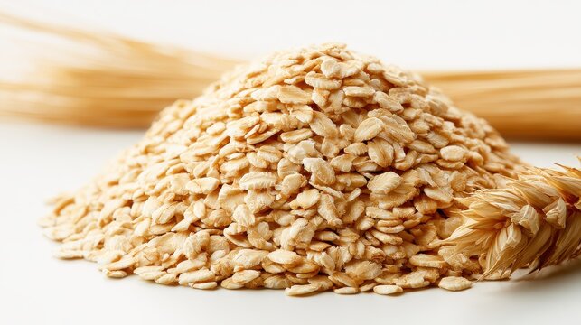 Raw rolled oats pile isolated on white background