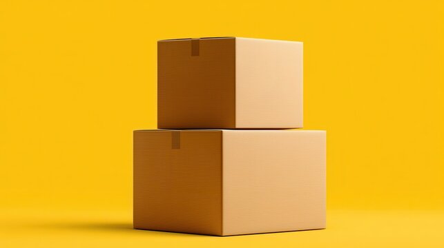 Two stacked cardboard delivery boxes on solid yellow background