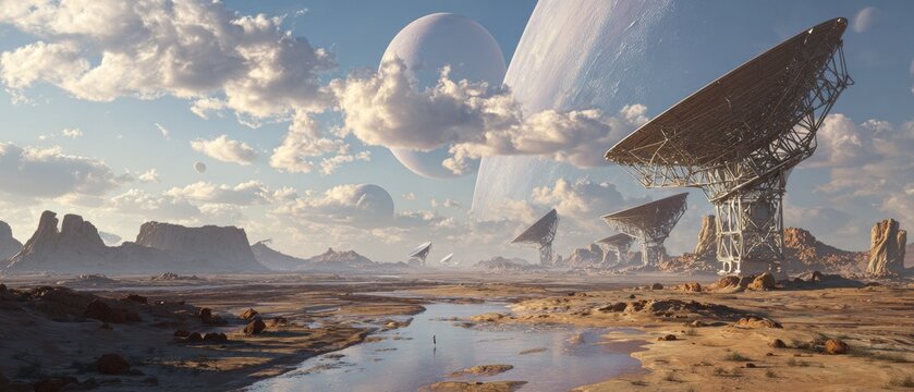 Futuristic Landscape with Satellite Dishes and Distant Planets