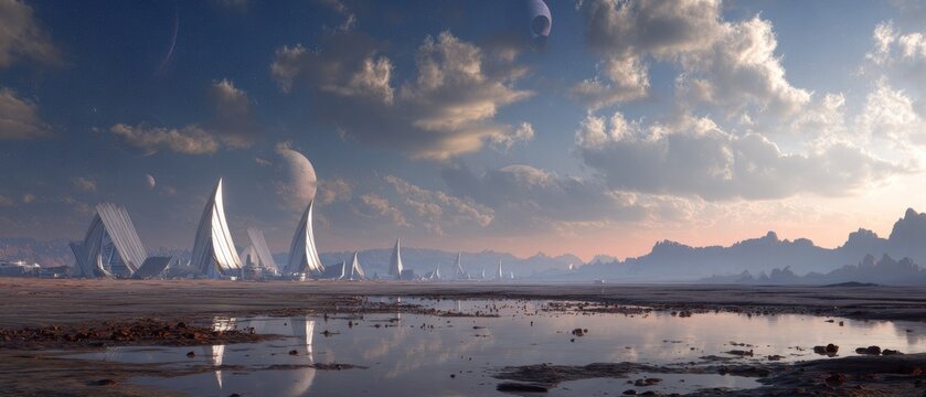 Futuristic alien landscape with surreal architecture and dramatic sky