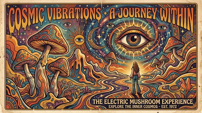 Vibrations psychedelic surreal eye art with trippy spiral desert landscape, mystical all-seeing eye, warm golden earth tones, spiritual music festival poster illustration design