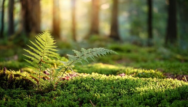 ferns and moss on a tranquil woodland floor with blurred background