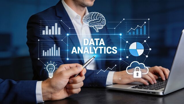 Data analyst working on laptop with floating holographic display showing brain icon, charts, graphs, pie chart, lightbulb idea, cloud storage lock, representing advanced data