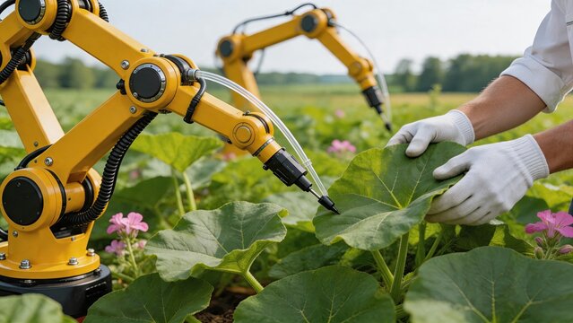 Agricultural robot arm spraying plants in greenhouse farm, smart farming automation technology and sustainable agriculture concept